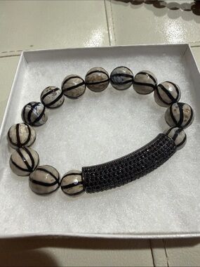 Black and White agate DZI Beaded Stretch Bracelet with Pave Accent